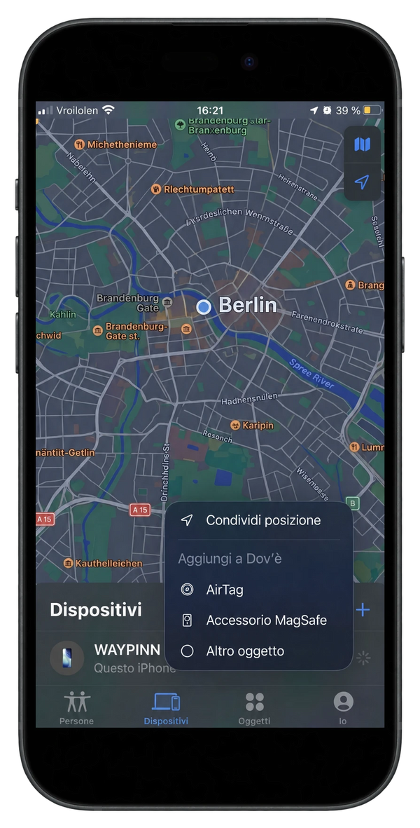 Configurazione di WAYYPINN in Apple Dov’è, schermata in italiano