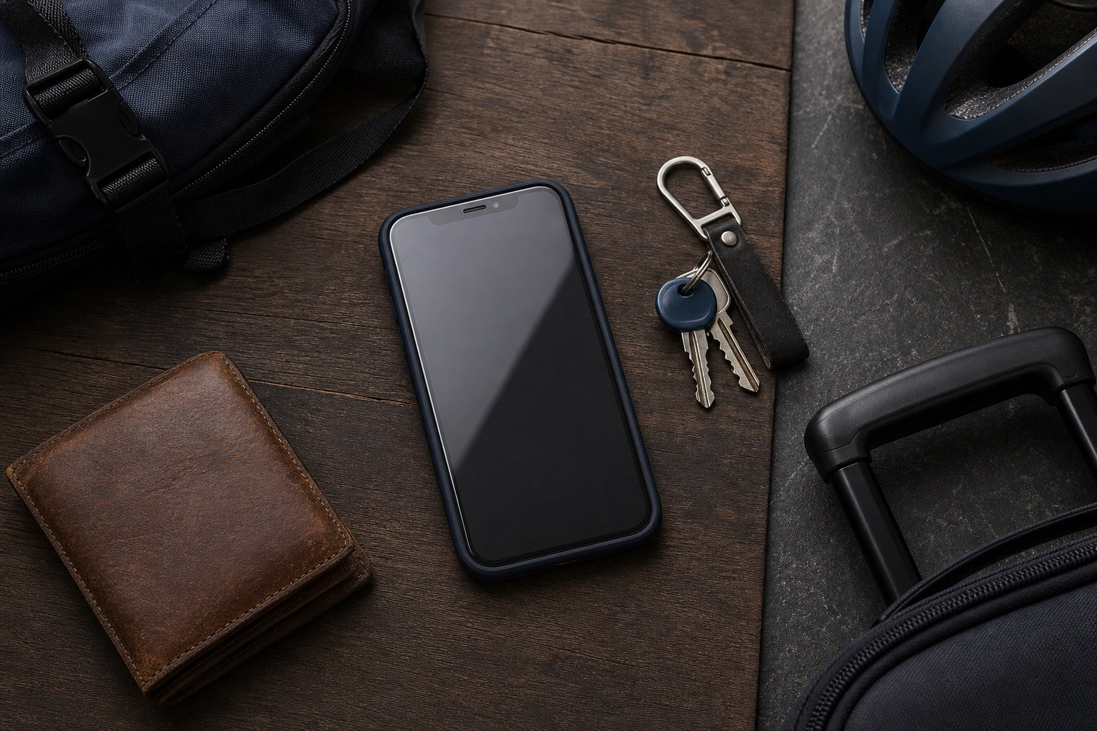 Zabezpieczony smartfon obok codziennego portfela, plecaka, wyposażenia rowerowego i walizki