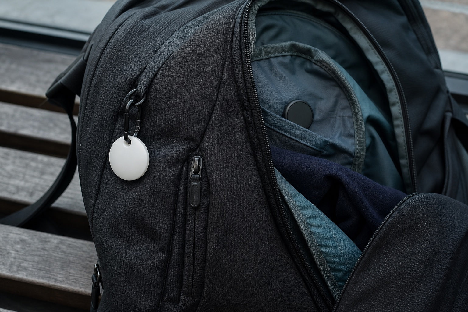 Widoczny biały tracker na zewnątrz plecaka i ukryty czarny tracker w jego wnętrzu